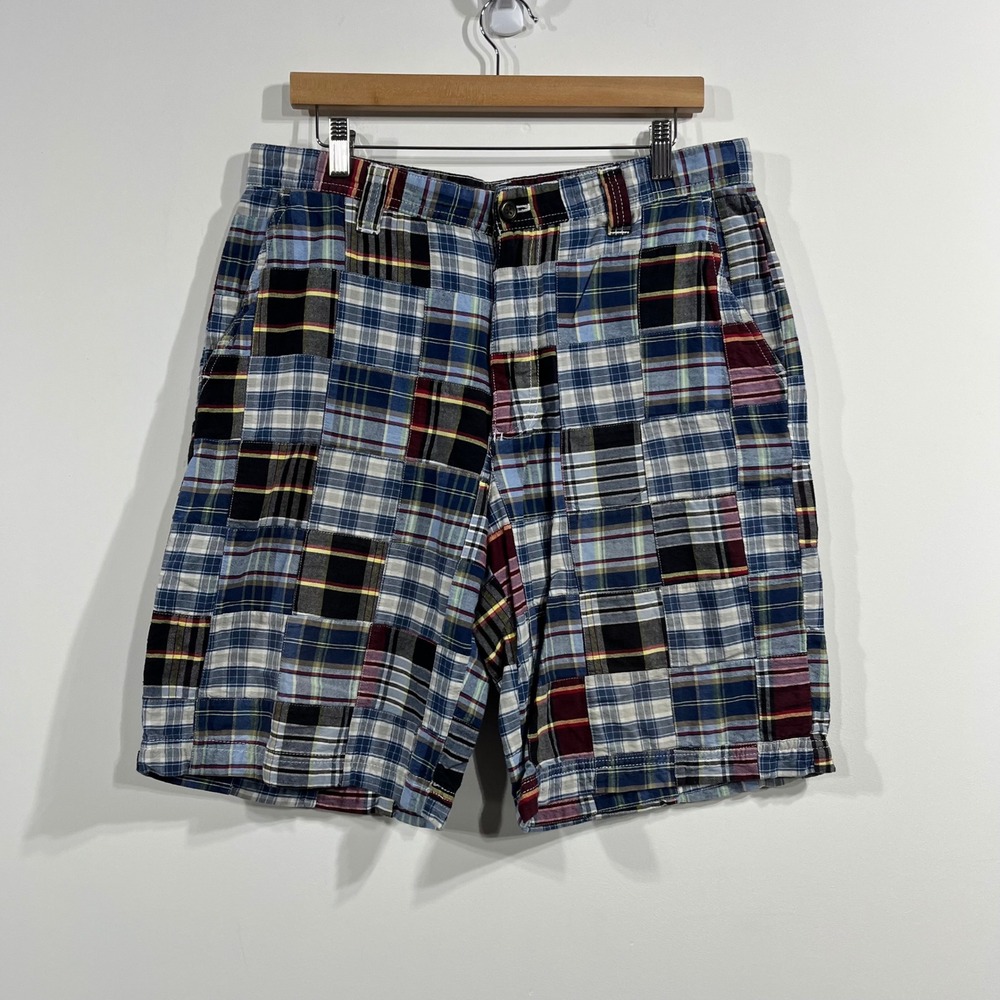 IZOD Mens Patchwork Madras Plaid Shorts Y2K Size 34 Preppy Coastal Beachy Resort
